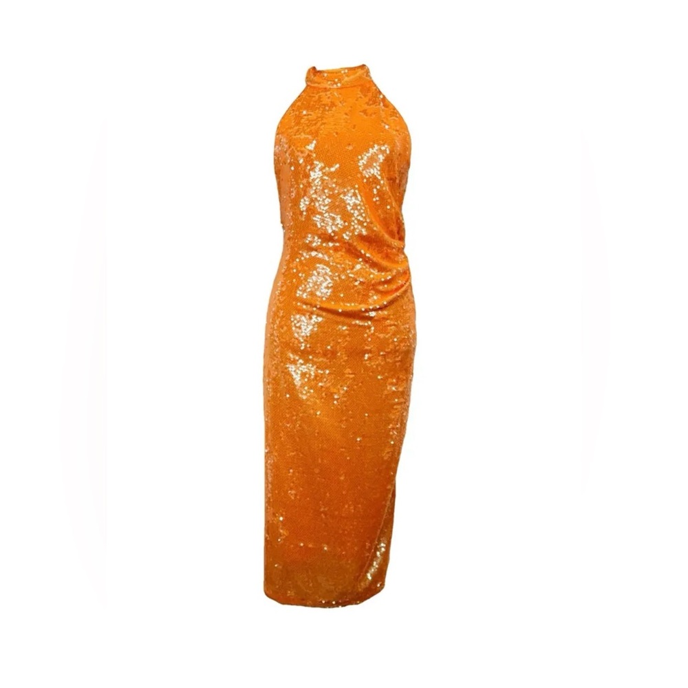 NEW Caroline Constas Bright Orange Hgh Neck Sequin Midi Dress Size Small NWT